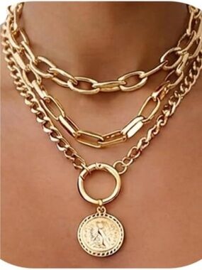 Vintage 24k Gold  Plated Layered Necklace Trendy Chunky Cuban Link Paperclip Cha